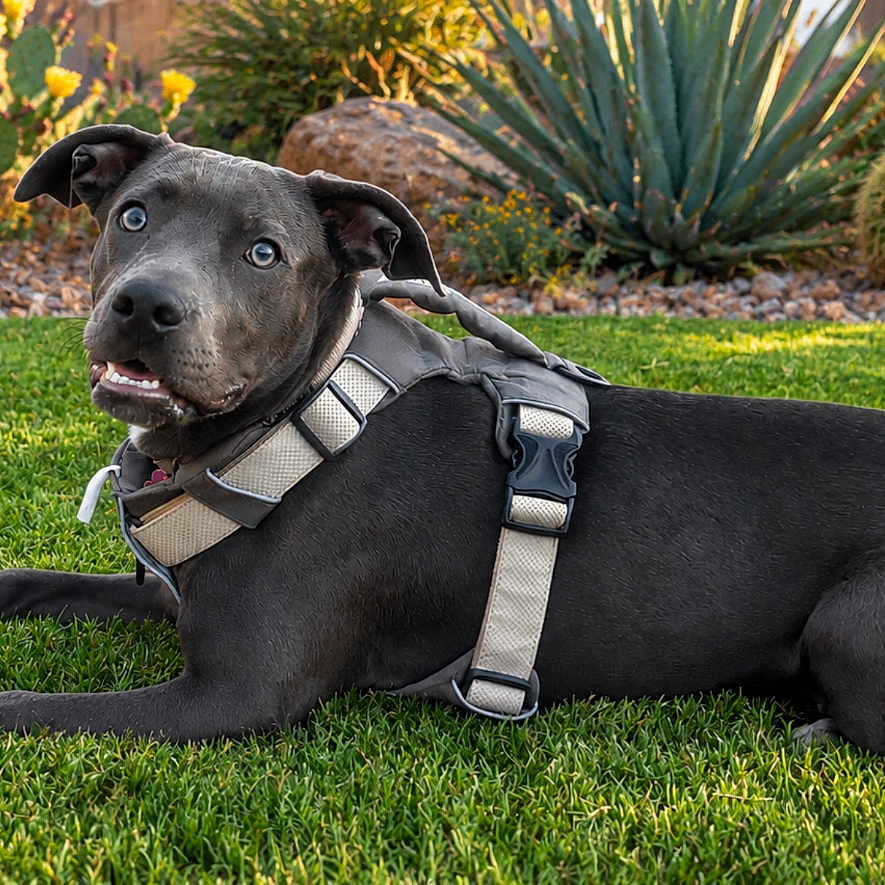 Sookie is registered to the contest to win money with this photo: dog, black_dog, pet, animal, canine, harness, lying_down, grass, lawn, garden, outdoor, desert_garden, cactus, succulent, plants, greenery, portrait, close_up, natural_light, backyard