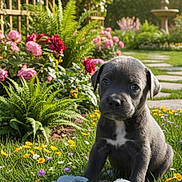 Sukie is registered to the contest to win money with this photo: cute, dog, fern, flowers, fountain, garden, grass, greenery, outdoors, playful, portrait, puppy, puppy_face, roses, sitting, small_animal, stone_path, stuffed_toy, summer, sunlight