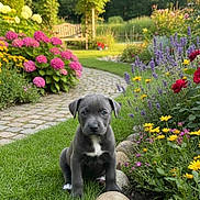 Sukie joined the competition — help win amazing prizes! puppy, dog, puppy_face, grass, garden, flowers, hydrangea, lavender, pathway, stones, bench, arched_trellis, lawn, greenery, yellow_flowers, pink_flowers, roses, portrait, sitting, pet