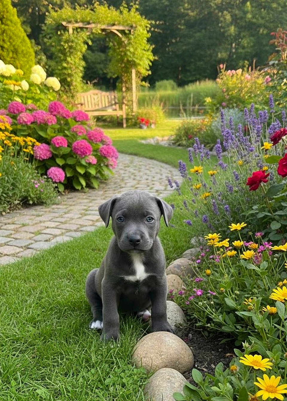 Sukie joined the competition — help win amazing prizes! puppy, dog, puppy_face, grass, garden, flowers, hydrangea, lavender, pathway, stones, bench, arched_trellis, lawn, greenery, yellow_flowers, pink_flowers, roses, portrait, sitting, pet