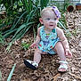 baby, child, garden, plants, leaves, outdoor, blue_eyes, headband, purple_bow, dress, cartoon_characters, sandals, white_sandals, curious, sitting, nature, greenery, house_siding, summer, cute
