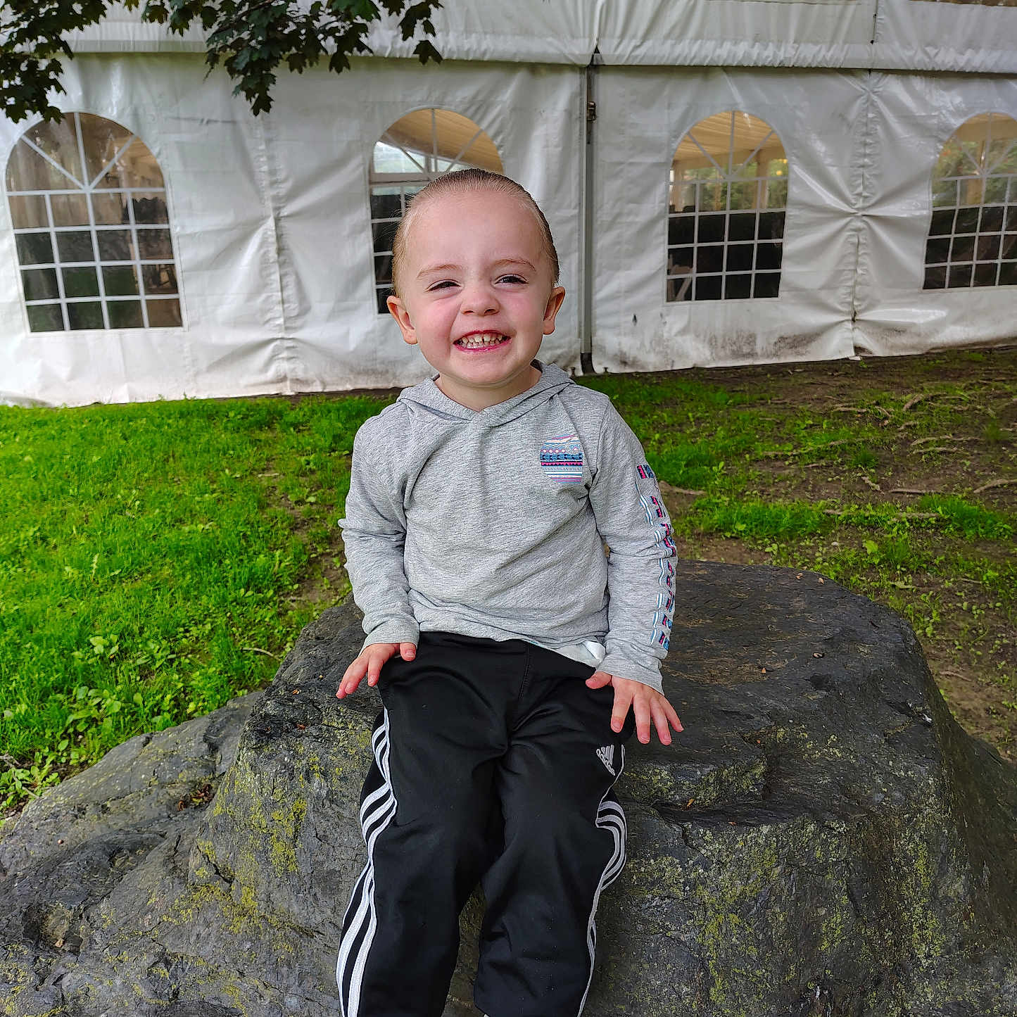 Emma is registered to the contest to win money with this photo: casual_clothing, child, daylight, grass, greenery, happy, hoodie, nature, outdoor, pants, playful, portrait, rock, sitting, smiling, tent, tree, white_shoes, window, young_child