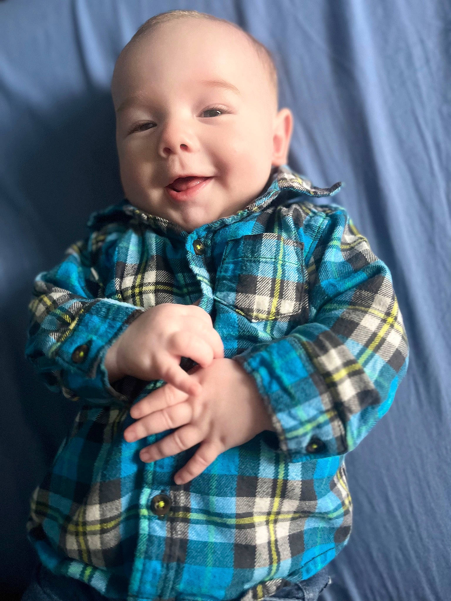 Myles joined the competition — help win amazing prizes! baby, baby_toddler_clothing, cheek, collar, cool, dress_shirt, electric_blue, finger, flash_photography, hand, happy, human_body, pattern, person, plaid, sleeve, smile, tartan, textile, thumb