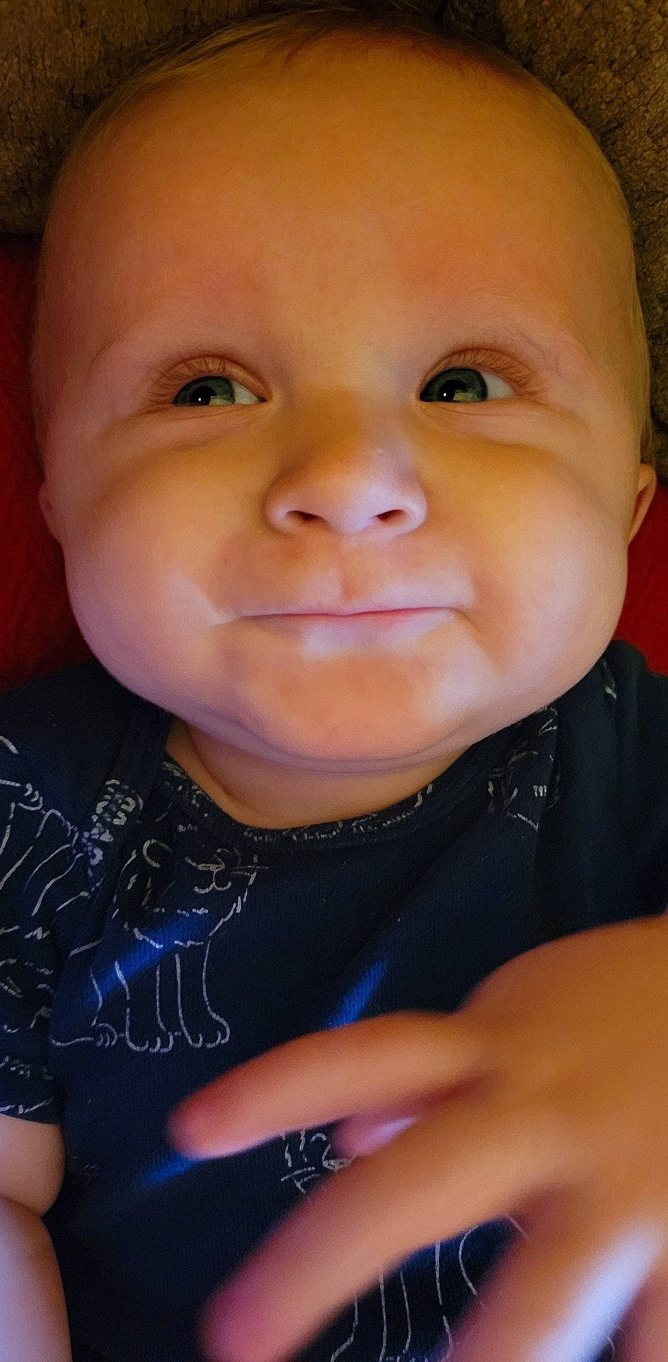 Bradley is registered to the contest to win money with this photo: baby, baby_toddler_clothing, blue, cheek, child, cool, eyebrow, eyelash, finger, flash_photography, happy, iris, lip, mouth, nose, person, skin, sleeve, smile, t_shirt