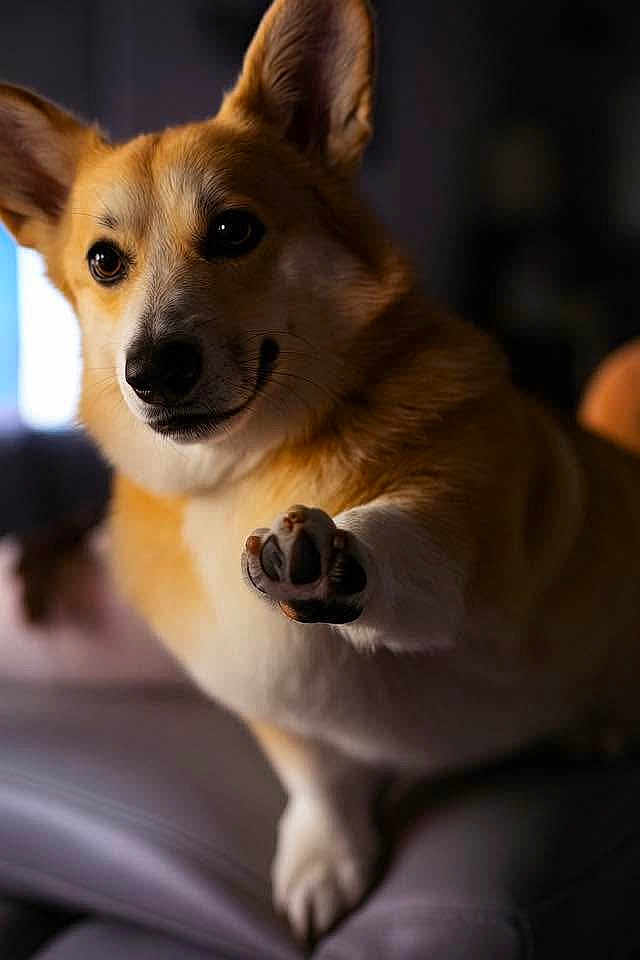 Tcheddar participe au concours pour gagner de l'argent avec cette photo : animal, blurred_background, brown, canine, closeup, corgi, cute, dog, ears, expression, friendly, fur, indoor, paw, pet, portrait, snout, soft_light, whiskers, white