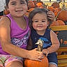 child, children, pumpkin, bench, outdoor, smiling, happy, tree, fall, autumn, pumpkin_patch, grass, daytime, casual_clothing, sandal, shorts, tank_top, nature, siblings, portrait