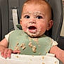 baby, messy, food, oatmeal, high_chair, bib, face, mouth_open, wide_eyes, hand, tray, feeding, kitchen, infant, cute, smudged_food, expression, sitting, child, indoor