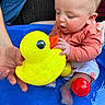 baby, blue_tub, child, close_up, clothing, curious, cute, hand, indoor, infant, person, playing, red_ball, rubber_duck, sitting, skin, support, toy, water, water_toy