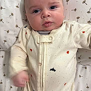 Adam joined the competition — help win amazing prizes! baby, infant, onesie, face, expression, patterned_bed, skin, eyes, mouth, hand, sleepwear, cute, child, portrait, closeup, lying_down, soft_lighting, indoor, newborn, baby_garment