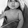 baby, infant, newborn, hooded_towel, towel, blanket, face, eyes, chubby_cheeks, bare_chest, hand, small_fingers, portrait, black_and_white, looking_up, cozy, indoors, soft_texture, cute, bath