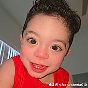 Axel Jared joined the competition — help win amazing prizes! child, toddler, smile, red_clothing, curly_hair, face, indoor, happy, close_up, eyes, teeth, skin, person, portrait, cute, head, baby, expression, young, background