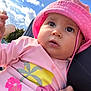 baby, child, pink_hat, sunhat, outdoor, blue_sky, clouds, tropical_shirt, flamingo, aloha, cute, curious, infant, person, portrait, summer, nature, bright, daylight, hand