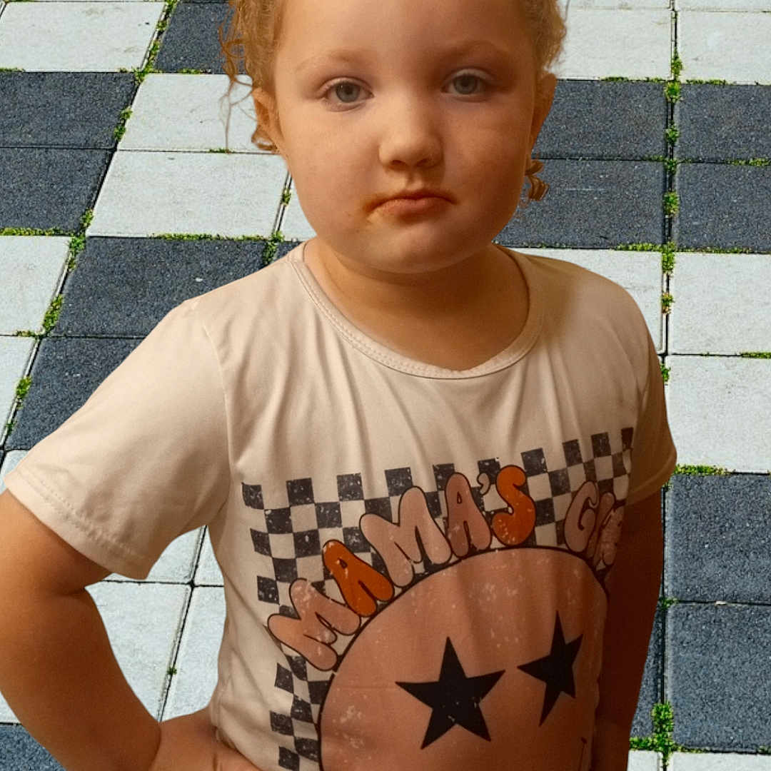 Adalynn is registered to the contest to win money with this photo: accessories, applique, bodypart, child, clothing, face, female, finger, girl, head, jewelry, path, pattern, person, photography, portrait, shirt, t_shirt, tile, walkway