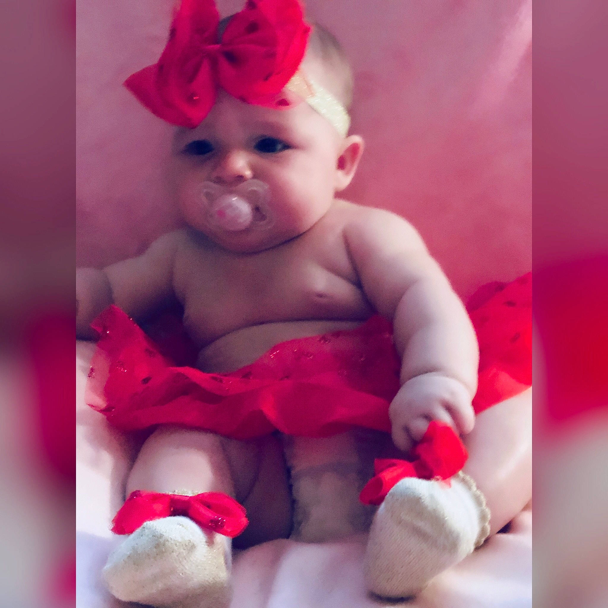 Ainsley joined the competition — help win amazing prizes! baby, baby_toddler_clothing, cheek, child, fur, hair_accessory, head, lip, person, pink, red, skin, smile, toddler