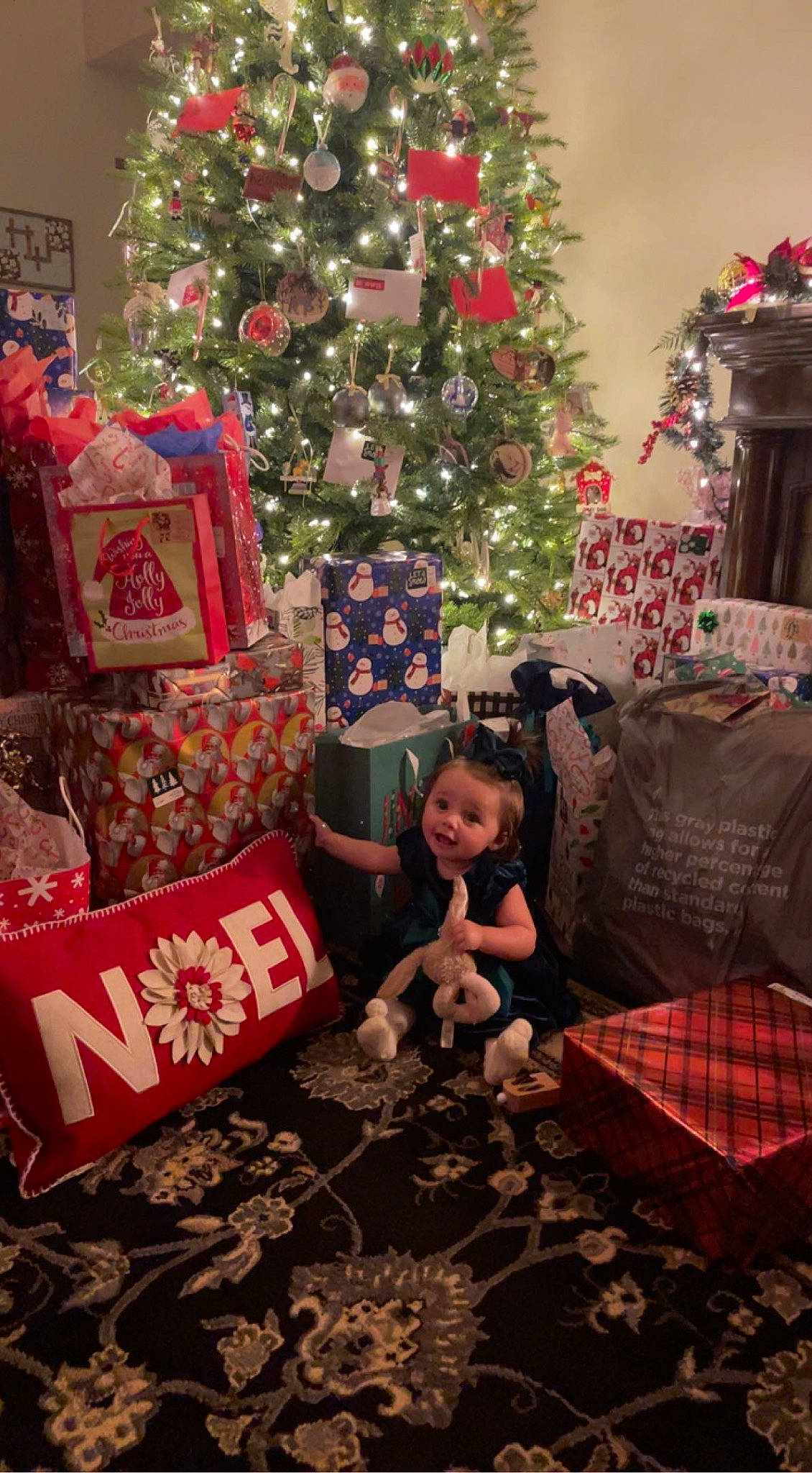 Delaney is registered to the contest to win money with this photo: christmas, christmas_decoration, christmas_ornament, christmas_tree, conifer, decoration, event, flooring, holiday, holiday_ornament, interior_design, living_room, ornament, person, plant, red, room, textile, tree, wood