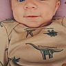 James is registered to the contest to win money with this photo: baby, infant, face, smile, dinosaur_print, onesie, clothing, closeup, portrait, cute, child, young, eyes, skin, soft, purple_cushion, lying_down, happy, indoors, person