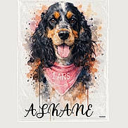 Askane a rejoint le concours — aidez-le/la à gagner de superbes lots ! dog, spaniel, watercolor, illustration, portrait, pet, animal, face, tongue, bandana, pink, black_and_white, floppy_ears, long_hair, artwork, wall_art, shopping_page, phone_screenshot, text, indoor