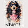 dog, spaniel, watercolor, illustration, portrait, pet, animal, face, tongue, bandana, pink, black_and_white, floppy_ears, long_hair, artwork, wall_art, shopping_page, phone_screenshot, text, indoor