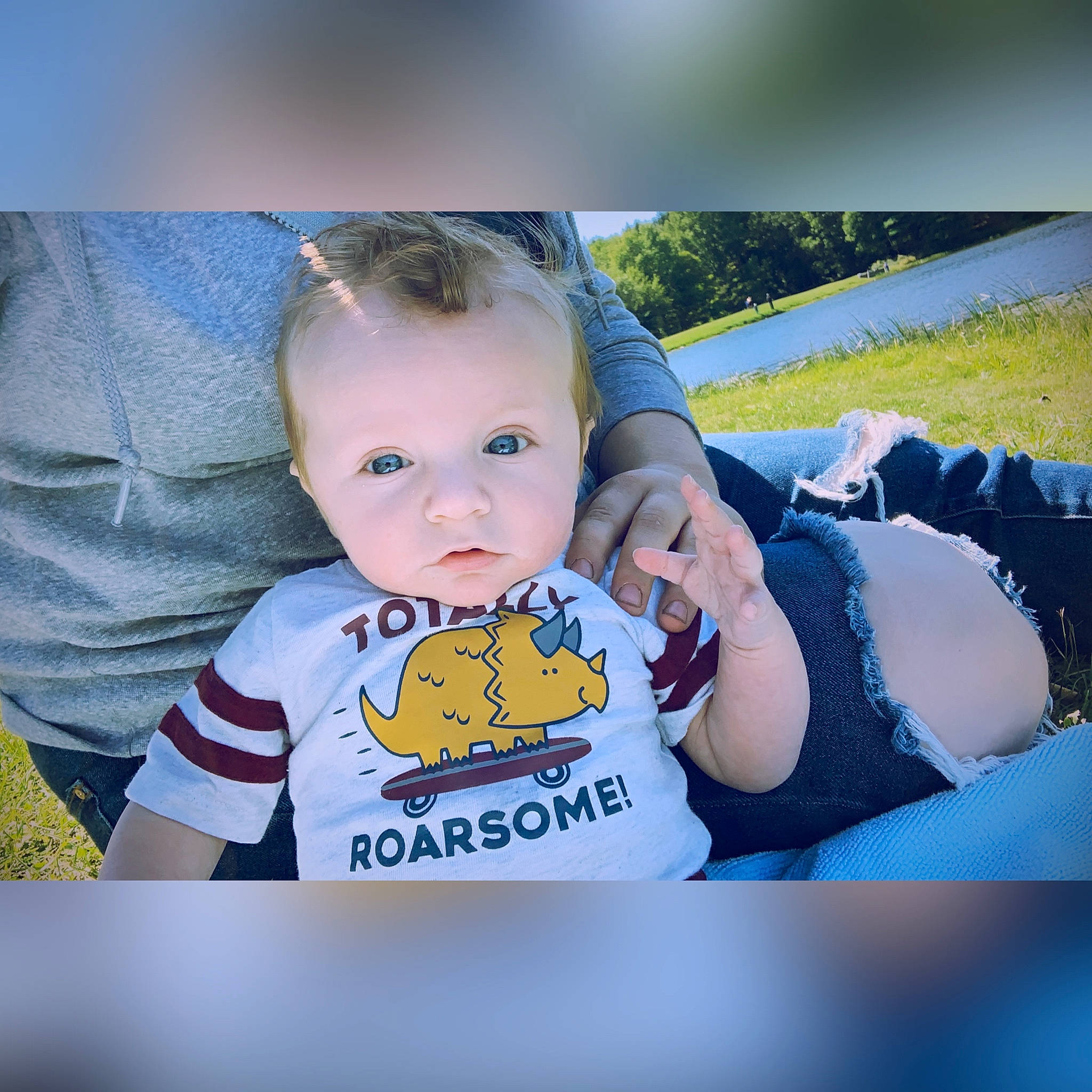 Bryson joined the competition — help win amazing prizes! baby, baby_products, baby_toddler_clothing, cheek, child, cool, eye, face, grass, happy, head, person, photo_caption, photography, plant, product, recreation, t_shirt, toddler, tree