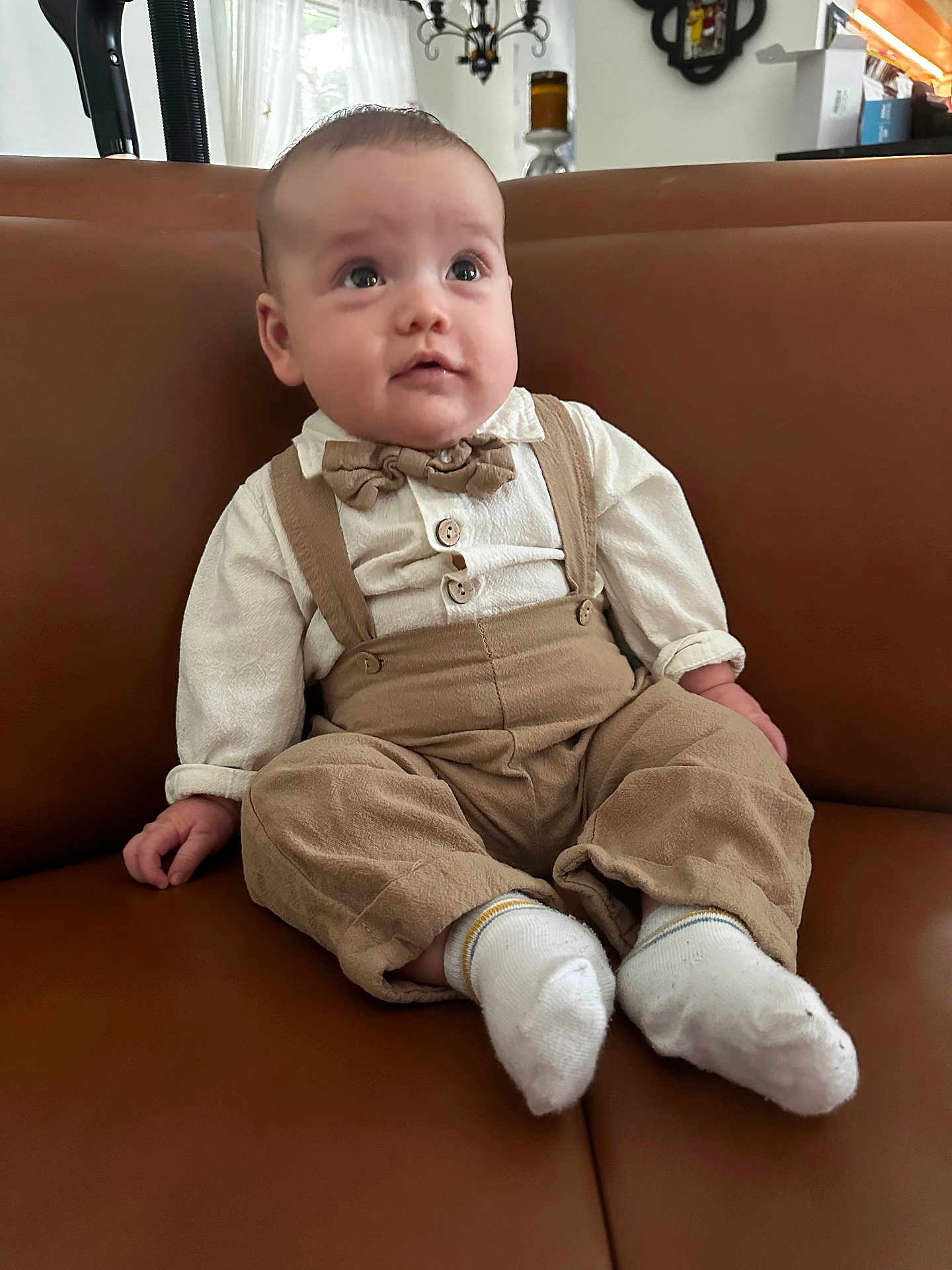 William joined the competition — help win amazing prizes! baby, child, suspenders, bow_tie, beige_clothing, white_shirt, socks, leather_couch, indoor, curious_expression, seated, portrait, home_interior, furniture, window, curtains, decor, soft_lighting, person, cute