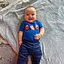 William joined the competition — help win amazing prizes! baby, smiling, blue_shirt, cartoon_characters, navy_pants, blanket, carpet, infant, happy, lying_down, cute, child, indoors, soft_texture, casual_clothing, human, portrait, small_child, toddler, relaxed