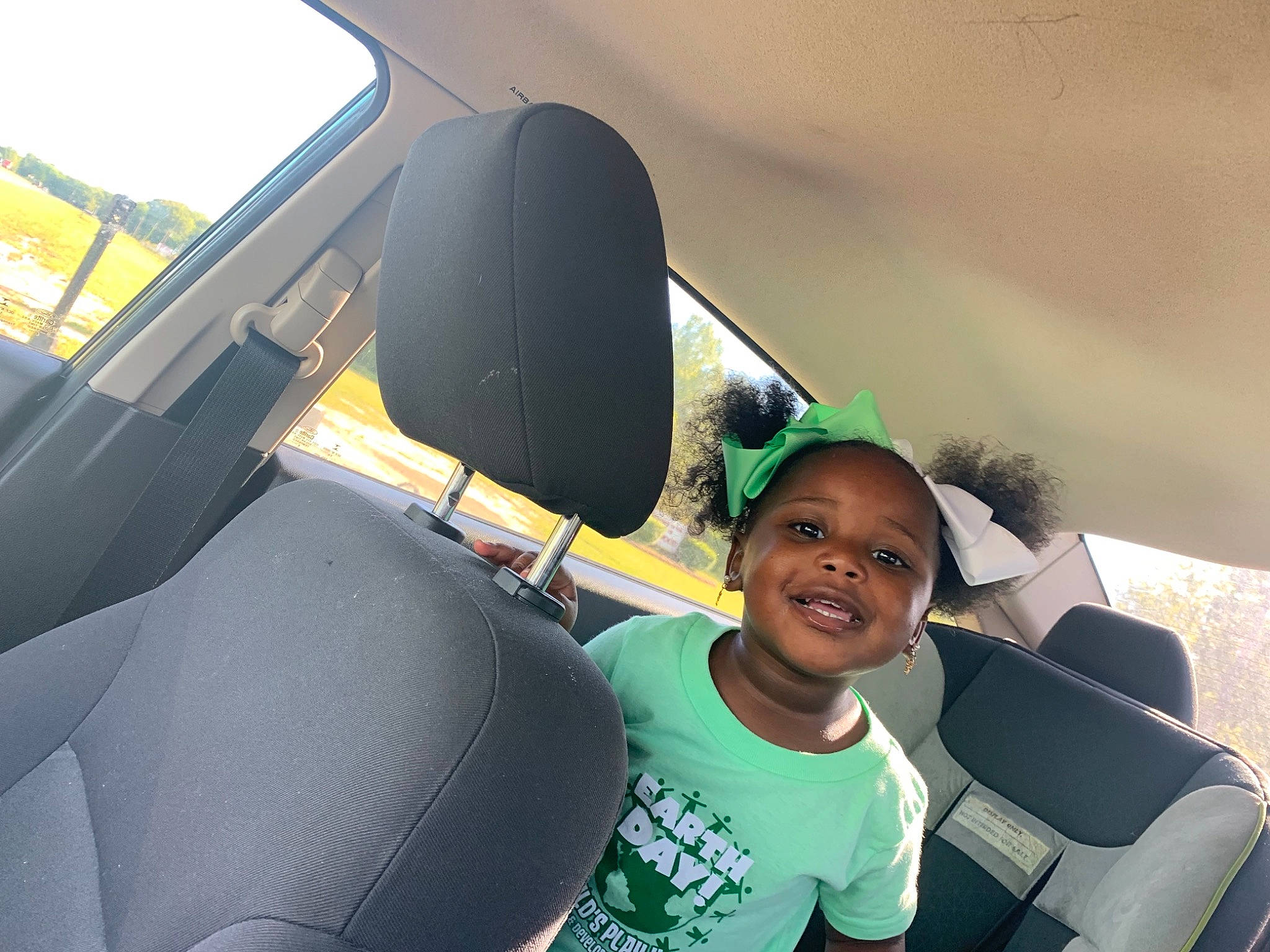 Marley joined the competition — help win amazing prizes! auto_part, car, car_seat, car_seat_cover, driving, family_car, head_restraint, joy, passenger, person, plant, seat_belt, smile, vacation, vehicle
