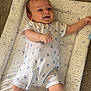 Luca joined the competition — help win amazing prizes! baby, infant, onesie, sock, changing_pad, carpet, smile, pattern, animal_print, teddy_bear, giraffe, cloud, leaf, star, person, child, cute, happy, lying_down, indoor