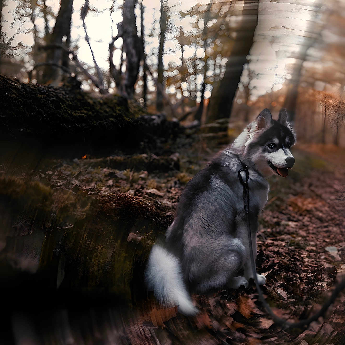 Saïka a rejoint le concours — aidez-le/la à gagner de superbes lots ! dog, husky, forest, autumn, leaves, leash, outdoor, animal, nature, trees, canine, sitting, happy, fur, pet, woods, wildlife, mammal, daytime, scenery