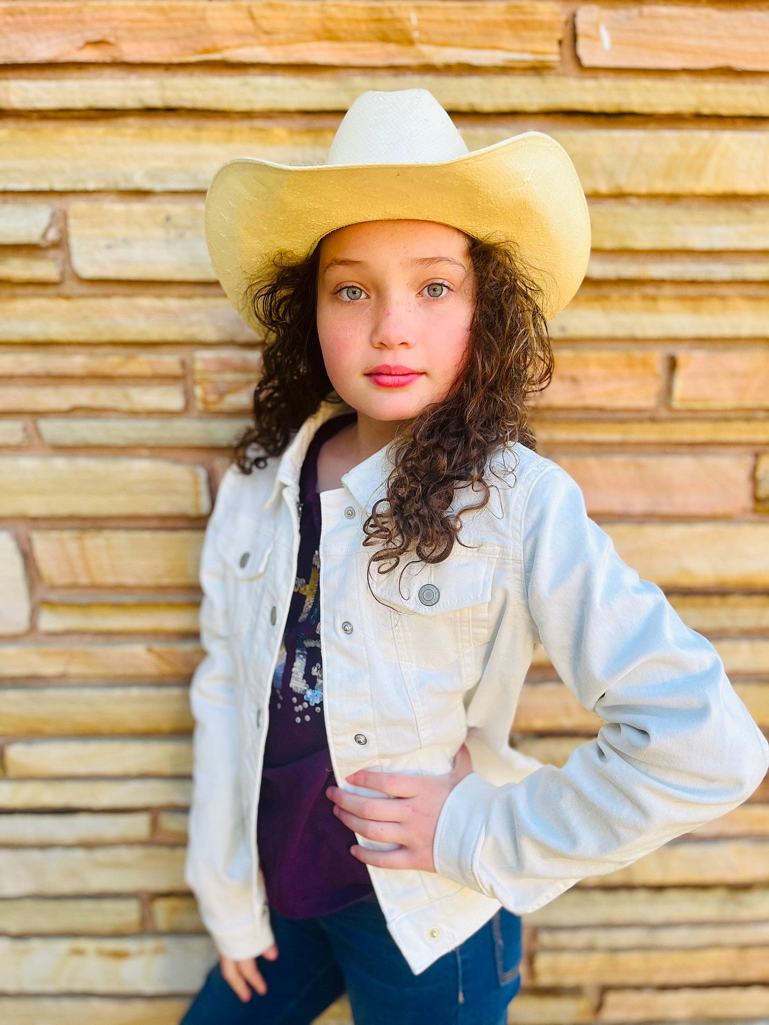 Blair is registered to the contest to win money with this photo: beauty, blazer, clothing, collar, denim, eye, face, flash_photography, hair, happy, hat, head, headwear, jeans, jewellery, lip, long_hair, person, photograph, sleeve