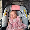 baby, sleeping, pink_dress, mittens, stroller, car_seat, infant, lace, cute, adorable, child, outdoor, sunlight, peaceful, portrait, young_child, clothing, baby_girl, resting, seat