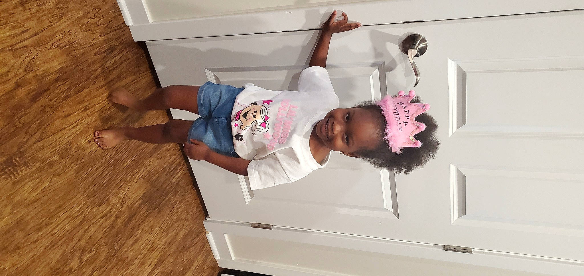 Morgan joined the competition — help win amazing prizes! baby, baby_toddler_clothing, child, comfort, flooring, fun, happy, hardwood, joy, magenta, person, room, sleeve, sock, stairs, t_shirt, toddler, varnish, window, wood