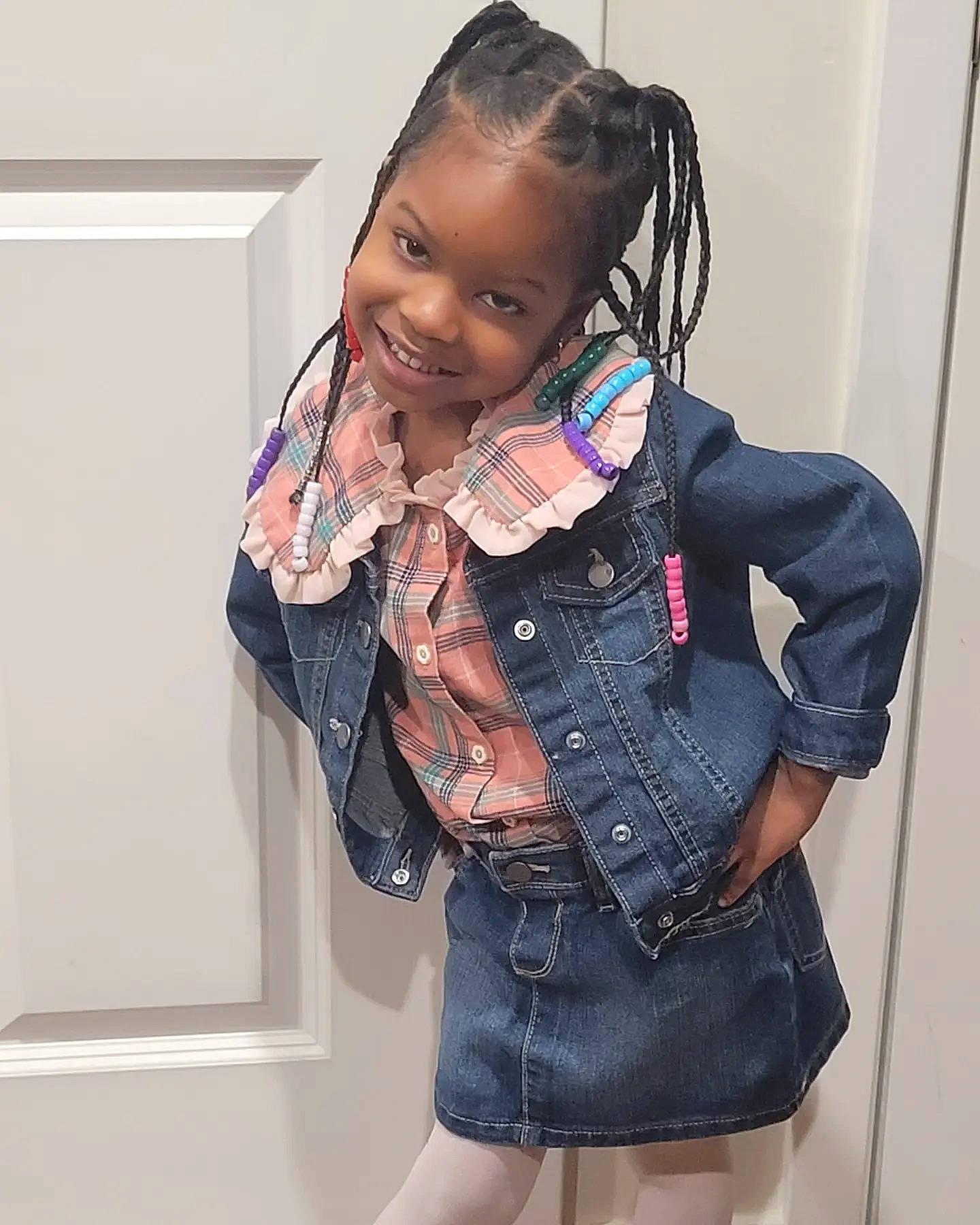 Morgan is registered to the contest to win money with this photo: black_hair, clothing, collar, denim, fashion_design, happy, human_body, jacket, joy, leg, neck, person, plaid, shorts, shoulder, sleeve, smile, stole, tartan, thigh