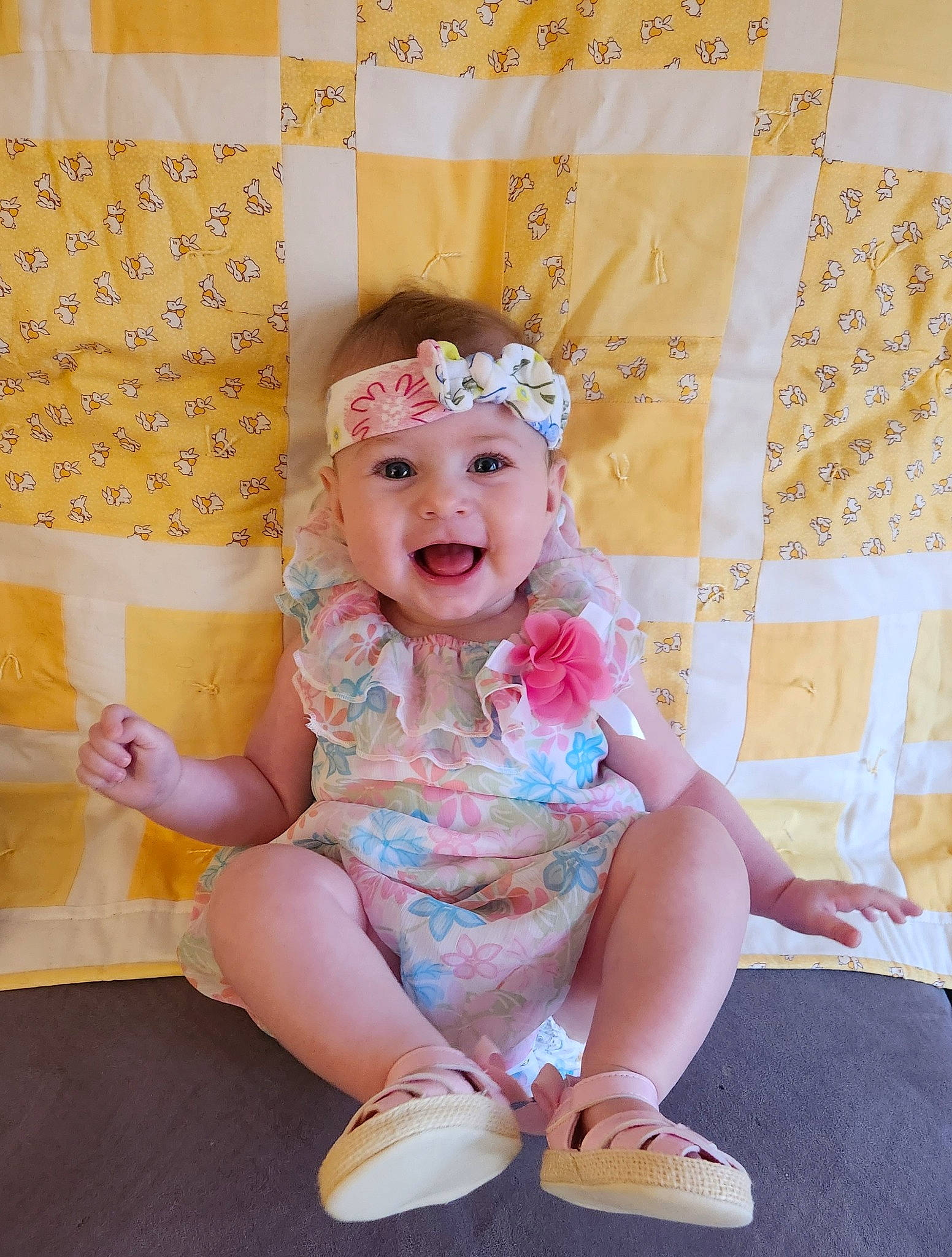 Eliza joined the competition — help win amazing prizes! baby_toddler_clothing, child, embellishment, fashion_accessory, fun, hair_accessory, happy, headband, headpiece, headwear, human_leg, magenta, pattern, peach, person, pink, purple, sitting, sleeve, smile