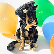 Espresso is registered to the contest to win money with this photo: accessory, balloons, beret, bow, calico_cat, cat, close_up, costume, festive, hat, party, paws, pet, playful, portrait, sitting, studio_photography, tail, whiskers, white_background