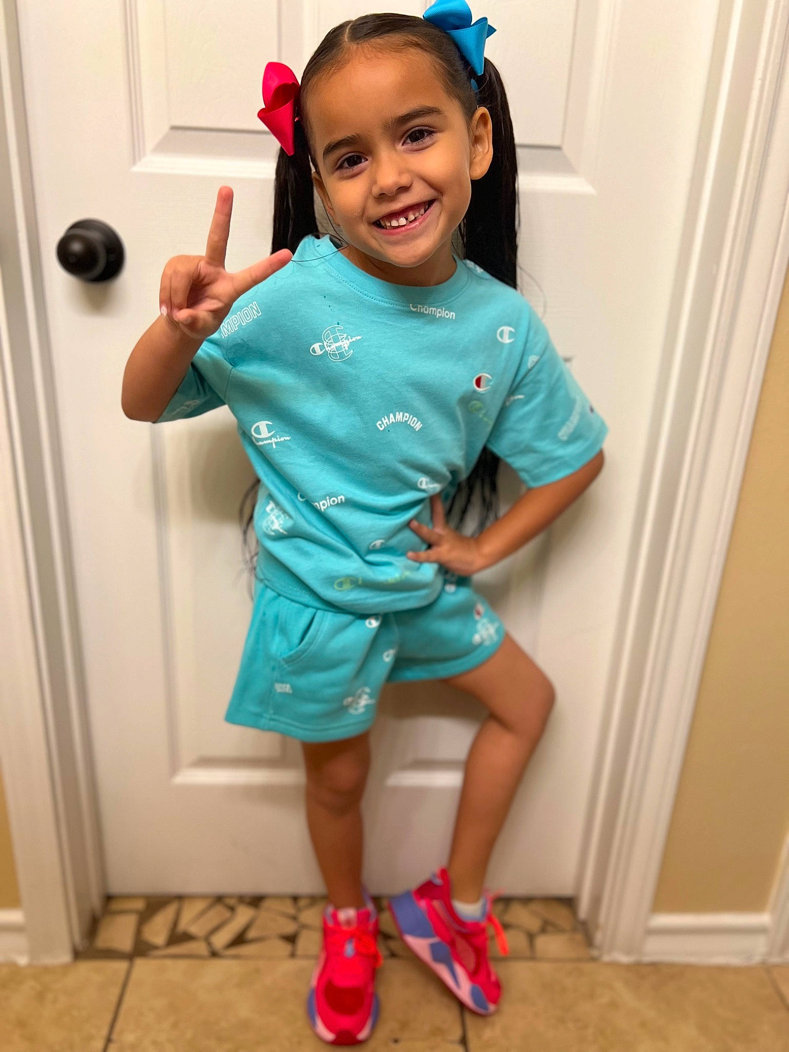 Armani Alizae joined the competition — help win amazing prizes! baby_toddler_clothing, blue, clothing, door, dress, face, finger, gesture, hair, happy, joint, joy, leg, neck, person, pink, shoe, shoulder, sleeve, smile