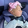 baby, sleeping, car_seat, headband, pink, purple, child, infant, seatbelt, clothing, peaceful, closeup, cute, toddler, resting, soft, fabric, portrait, safety, newborn