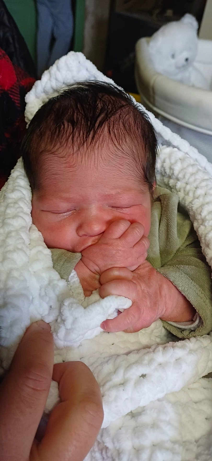 Elio participe au concours pour gagner de l'argent avec cette photo : baby, newborn, sleeping, blanket, hand, fingers, swaddle, cozy, soft_texture, plush_toy, nursery, portrait, close_up, infant, parent_hand, skin, hair, peaceful, cotton, bedding