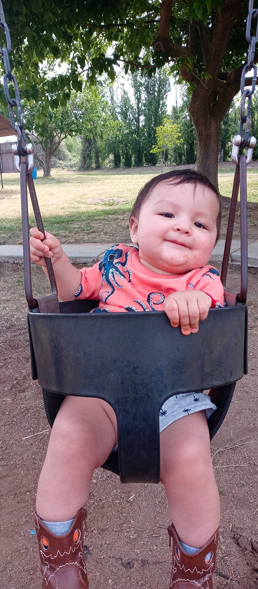 Anthony is registered to the contest to win money with this photo: baby, baby_toddler_clothing, cheek, facial_expression, finger, fun, grass, happy, leisure, person, pink, plant, public_space, recreation, skin, smile, summer, swing, t_shirt, toddler