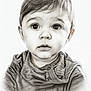 baby, child, portrait, sketch, drawing, hoodie, clothing, face, expression, eyes, hair, artwork, black_and_white, closeup, head, young, innocence, curious, soft_shading, detailed