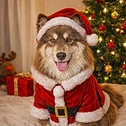 Vegas participe au concours pour gagner de l'argent avec cette photo : dog, santa_costume, christmas, christmas_tree, holiday, festive, pet, sitting, portrait, fur, fluffy, tongue_out, hat, red_clothing, belt, gift_boxes, reindeer_toy, indoors, warm_lighting, celebration