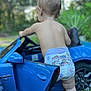 toddler, diaper, toy_car, blue, outdoor, child, back_view, grass, trees, nature, footwear, side_mirror, door, wheel, curious, baby, playing, summer, sunlight, barefoot