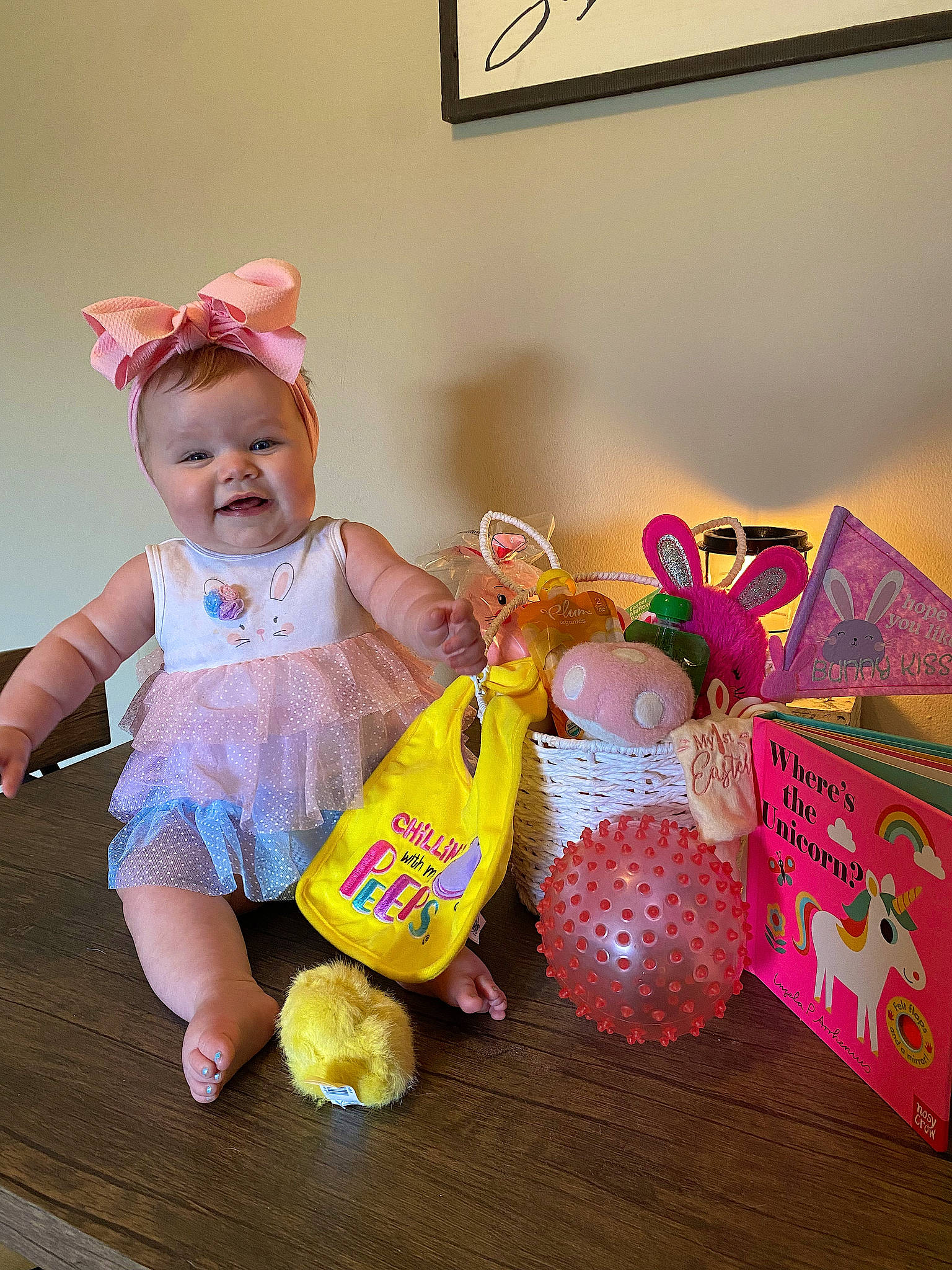 Ellie Mae joined the competition — help win amazing prizes! baby, baby_products, baby_toddler_clothing, baby_toys, child, event, fun, happy, magenta, party_supply, person, picture_frame, pink, play, room, sitting, smile, sock, toddler, toy