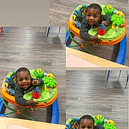Dameon joined the competition — help win amazing prizes! baby, walker, toy, smile, child, indoor, flooring, furniture, play, colorful, happy, person, seat, table, childrens_toy, wood_floor, clothing, expression, hands, face
