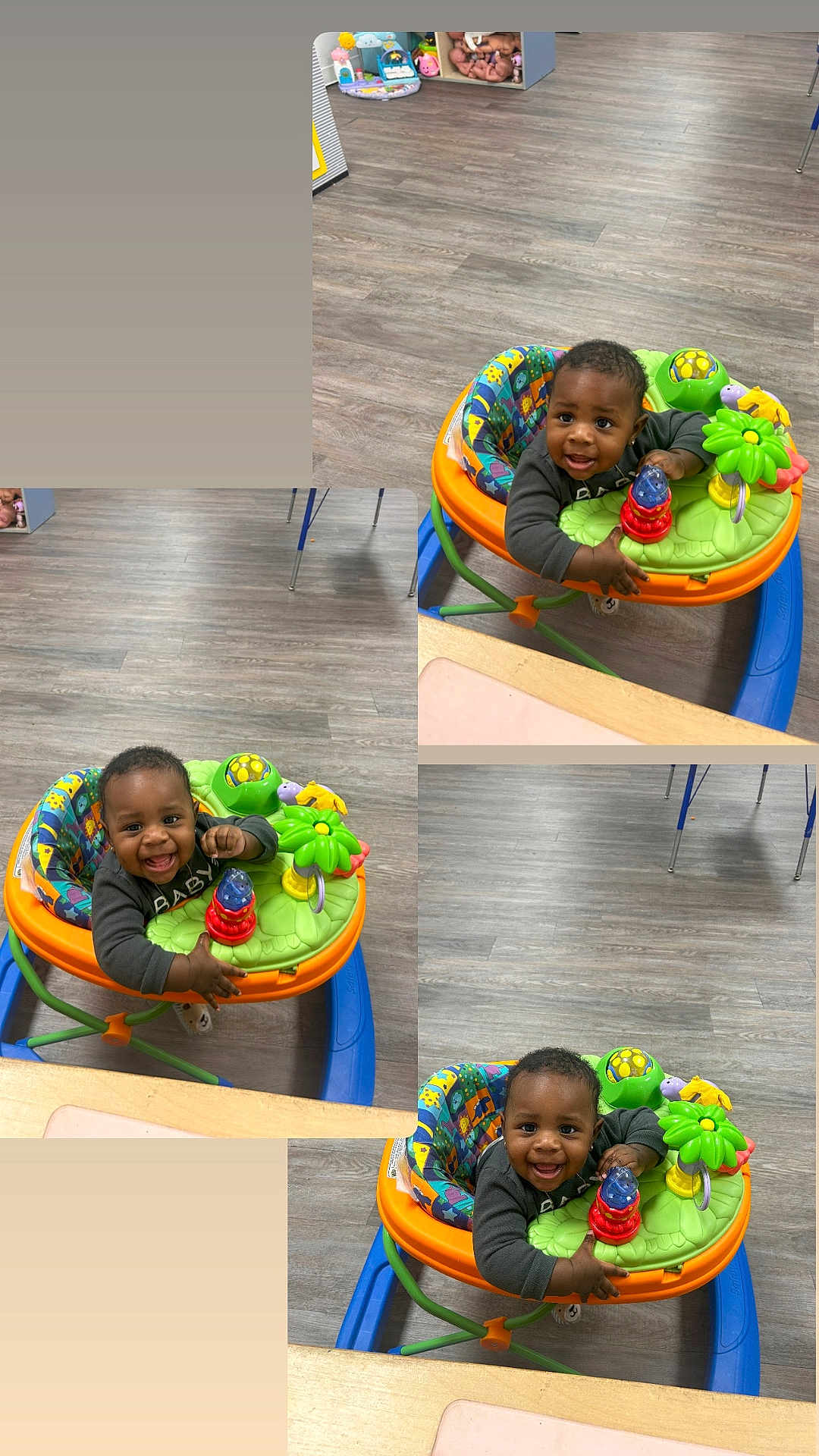 Dameon joined the competition — help win amazing prizes! baby, walker, toy, smile, child, indoor, flooring, furniture, play, colorful, happy, person, seat, table, childrens_toy, wood_floor, clothing, expression, hands, face