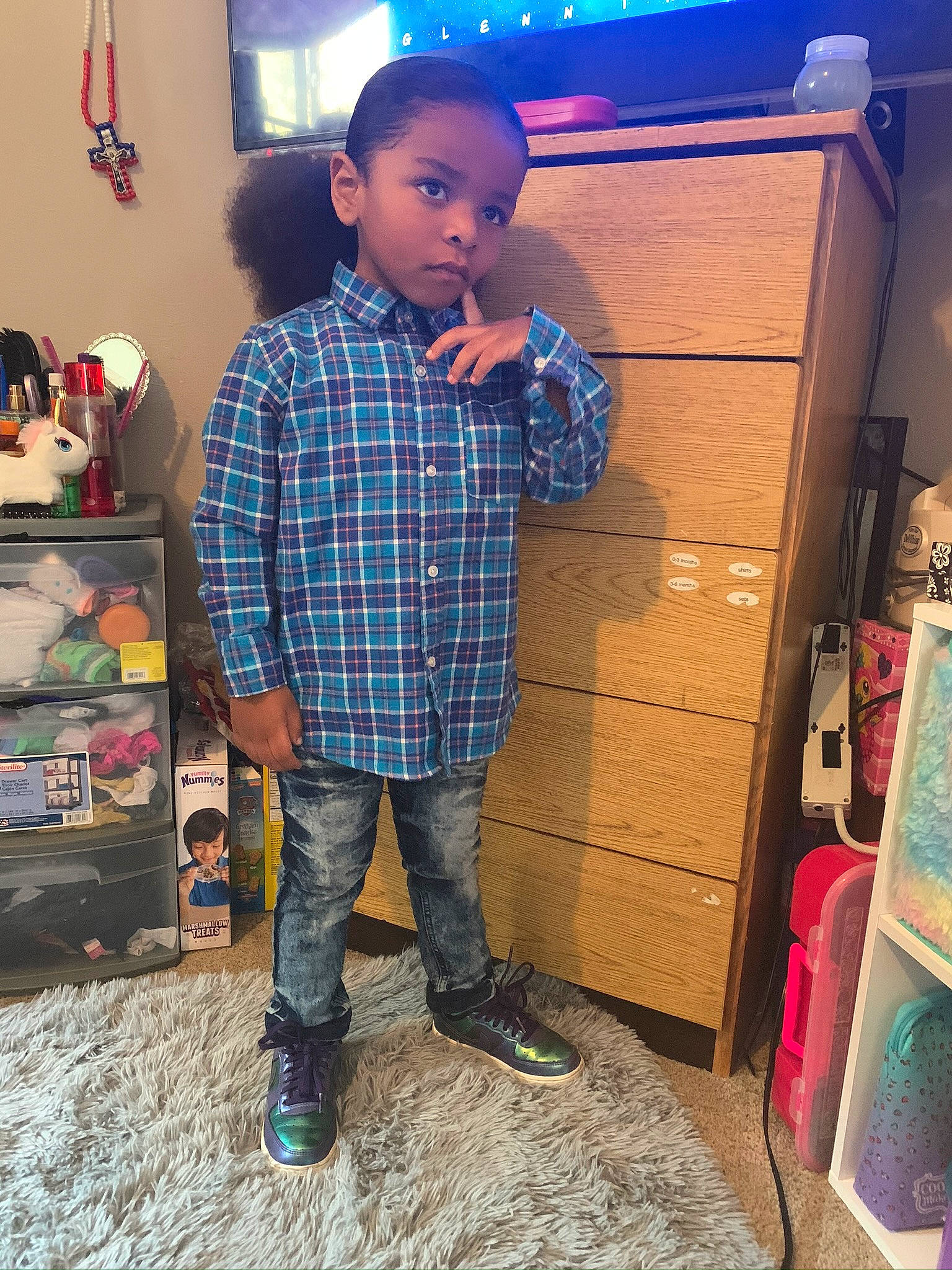 Alvin joined the competition — help win amazing prizes! child, cool, denim, design, footwear, head, jeans, leg, outerwear, pattern, person, photography, plaid, room, selfie, shoe, standing, t_shirt, tartan, textile