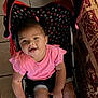 Jersey is registered to the contest to win money with this photo: arm, baby, bedspread, candid, casual_clothing, child, curious, face, floor_tile, hair_clip, happy, indoor, legs, patterned_fabric, person, pink_shirt, seated, smiling, stroller, toddler