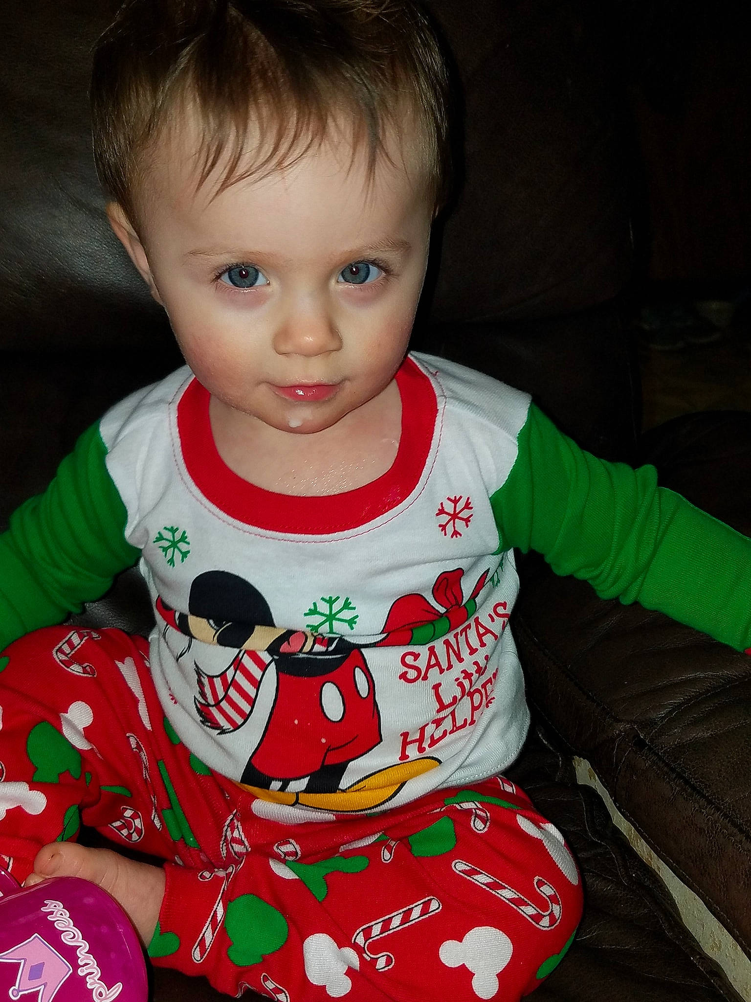 Lacie is registered to the contest to win money with this photo: baby, baby_toddler_clothing, cheek, child, christmas, christmas_eve, eye, head, holiday, lip, pajamas, person, play, sitting, skin, smile, t_shirt, toddler
