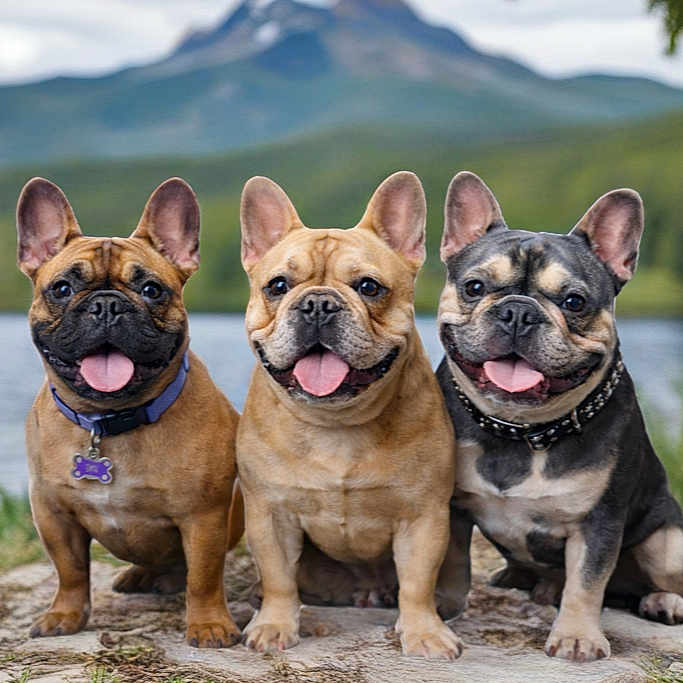 Molly-Reggie-hank joined the competition — help win amazing prizes! canine, collar, dog, ears, french_bulldog, grass, happy, lake, mountain, nature, outdoors, paws, pet, portrait, rock, sitting, smile, tag, tongue, trio
