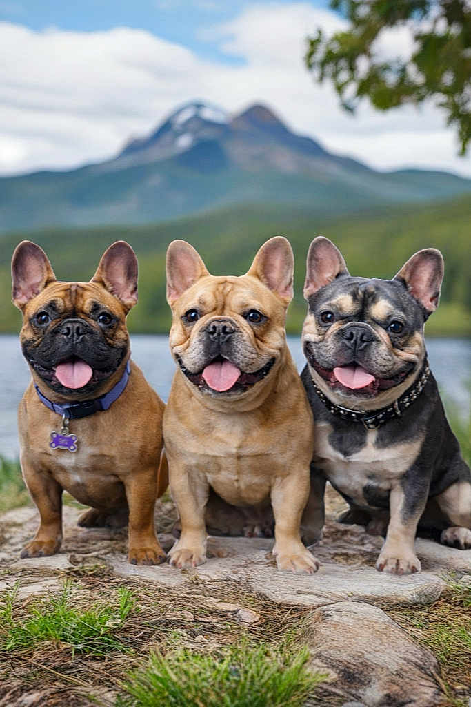 Molly-Reggie-hank joined the competition — help win amazing prizes! dog, french_bulldog, trio, outdoors, lake, mountain, grass, rock, paws, tongue, collar, tag, sitting, pet, portrait, happy, smile, ears, nature, canine