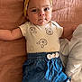 Mahira participe au concours pour gagner de l'argent avec cette photo : baby, child, infant, headband, yellow_headband, daisy_pattern, onesie, denim_shorts, blue_shorts, blanket, peach_blanket, white_bedding, cute, lying_down, indoors, portrait, face, expression, clothing, person